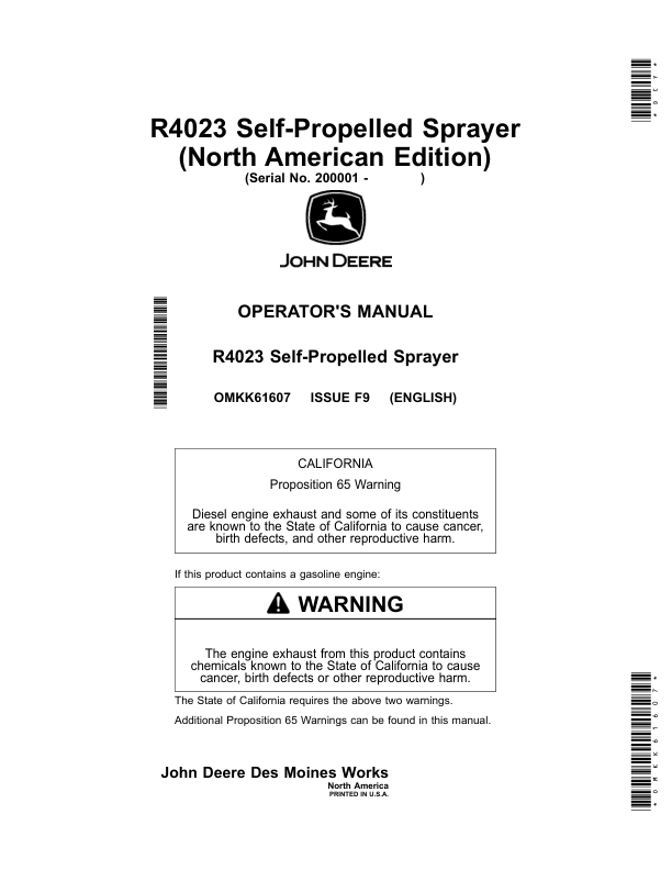 John Deere R4023 Self-Propelled Sprayer Operator's Manual (OMKK61607)