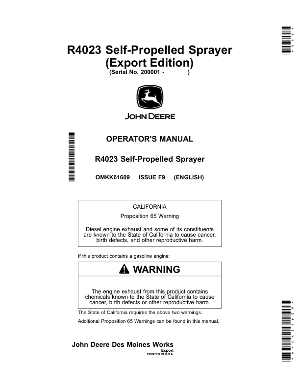 John Deere R4023 Self-Propelled Sprayer Operator's Manual (OMKK61609)
