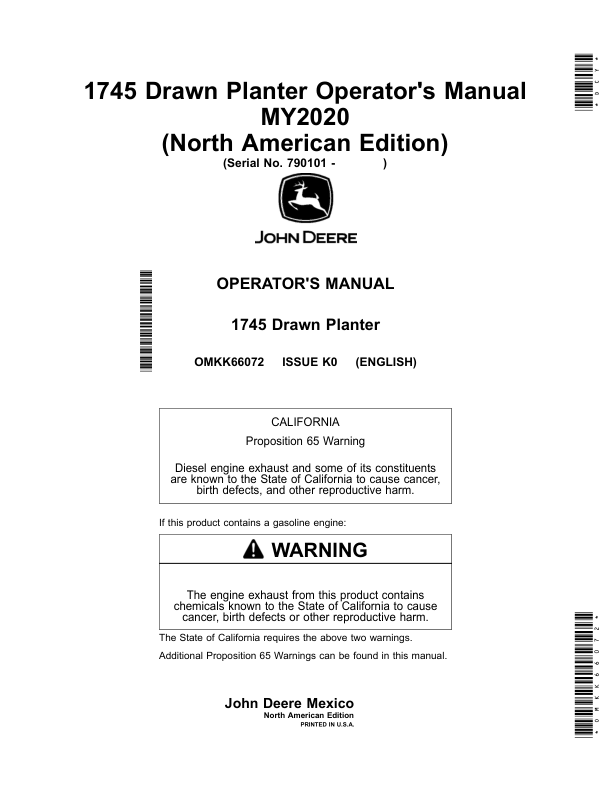 John Deere 1745 CCS Drawn Rigid Frame MaxEmerge5 planter (790101-) Operator's Manual (OMKK66072)