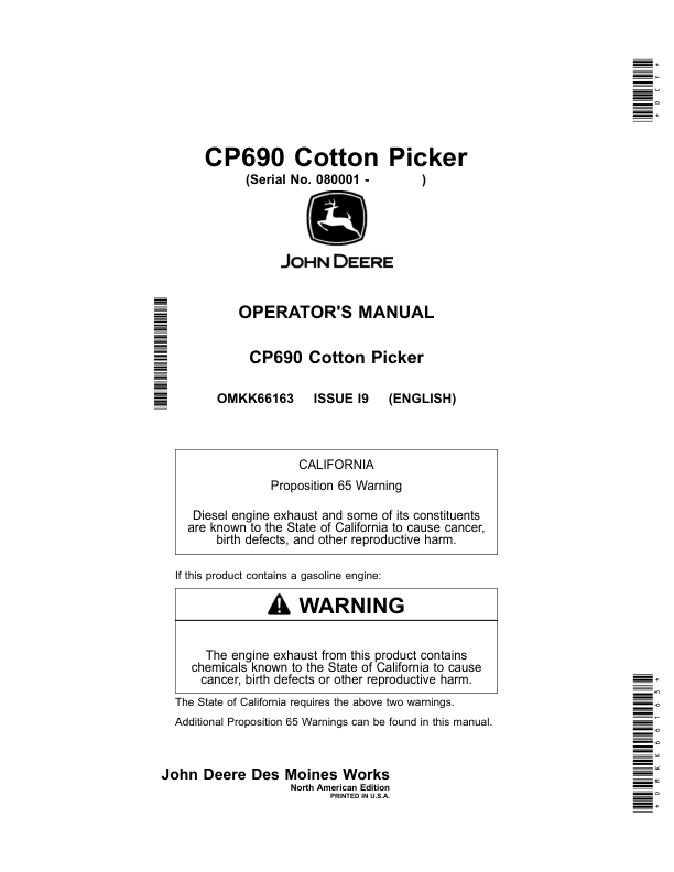 John Deere CP690 Cotton Picker Operator's Manual (OMKK66163)