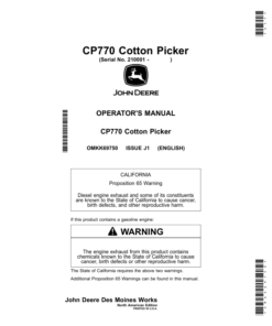John Deere CP770 Cotton Picker (210001-230000) (North American) Operator's Manual (OMKK69750)
