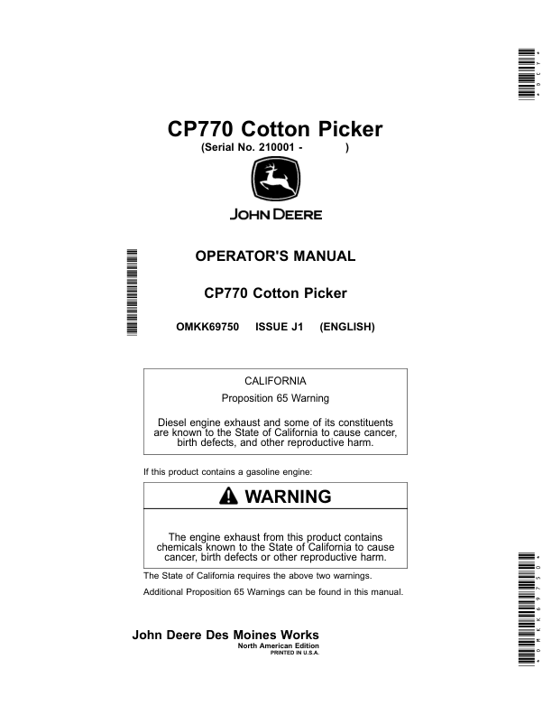 John Deere CP770 Cotton Picker (210001-230000) (North American) Operator's Manual (OMKK69750)