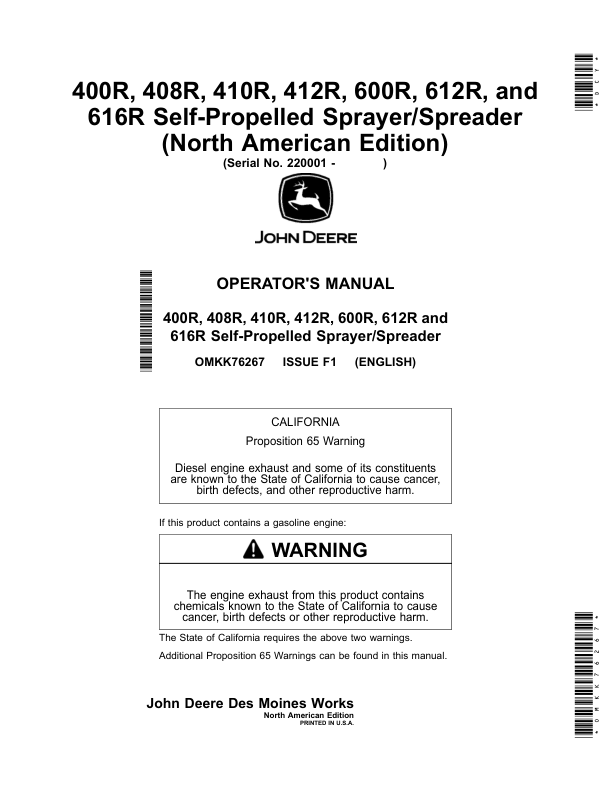 John Deere 400R, 408R, 410R, 412R, 600R, 612R, 616R Self-Propelled Sprayer/Spreader (220001-230000) (North American) Operator's Manual (OMKK76267)
