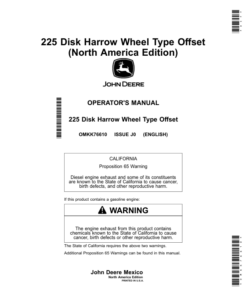 John Deere 225 Disk Harrow Wheel Type Offset (MY2020) Operator's Manual (OMKK76610)