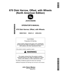 John Deere 670 Disk Harrow, Offset, with Wheels (MY2020) Operator's Manual (OMKK76632)