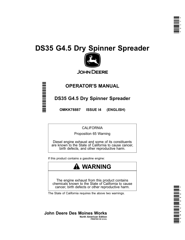 John Deere DS35 G4.5 Dry Spinner Spreader Operator's Manual (OMKK78887)