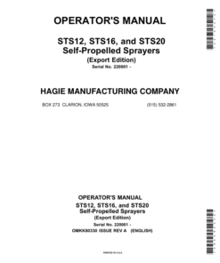 John Deere STS12, STS16, STS20 Self-Propelled Sprayers (220001-) (Export) Operator's Manual (OMKK80330)