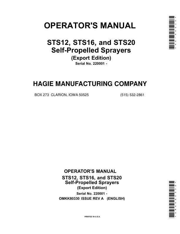John Deere STS12, STS16, STS20 Self-Propelled Sprayers (220001-) (Export) Operator's Manual (OMKK80330)