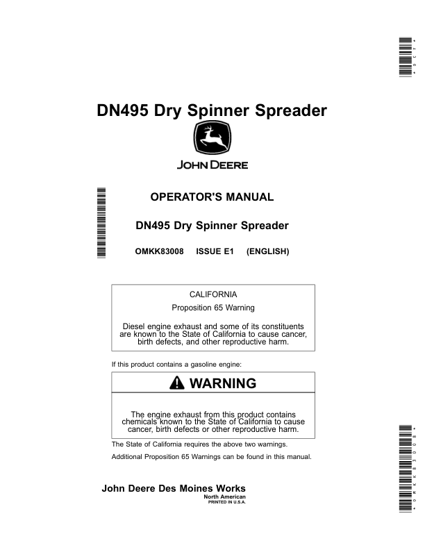 John Deere DN495 Dry Spinner Spreader (North America) Operator's Manual (OMKK83008)