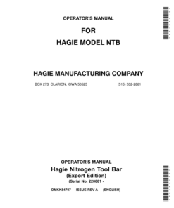 John Deere Nitrogen Tool Bar (022001-) (Export Edition) Operator's Manual (OMKK84707)