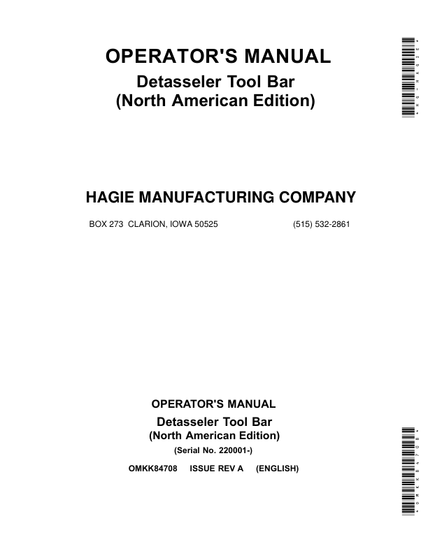 John Deere Detasseler Tool Bar (220001-) (North American) Operator's Manual (OMKK84708)