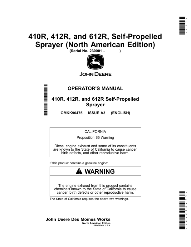 John Deere 410R, 412R, 612R Self-Propelled Sprayer (230001-) (North American) Operator's Manual (OMKK90475)