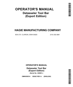 John Deere Detasseler Tool Bar (220001-) (Export Edition) Operator's Manual (OMKK90514)