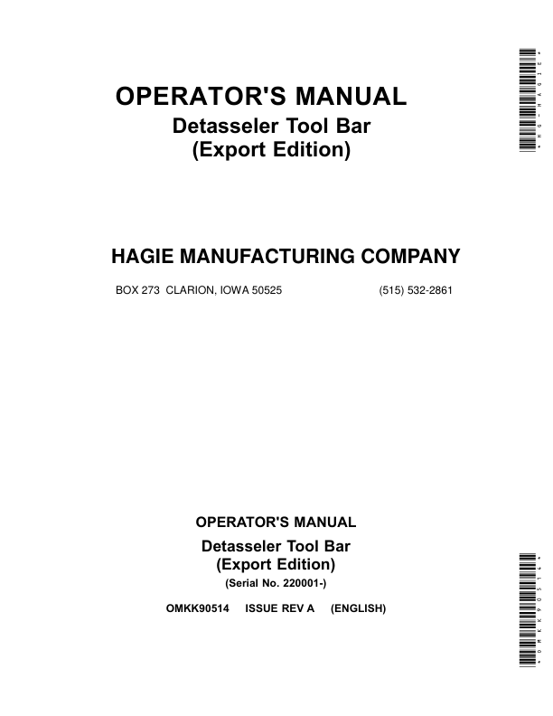 John Deere Detasseler Tool Bar (220001-) (Export Edition) Operator's Manual (OMKK90514)