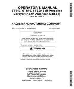 John Deere STS12, STS16, STS20 Self-Propelled Sprayer (022001-023000) (North American) Operator's Manual (OMKK90551)
