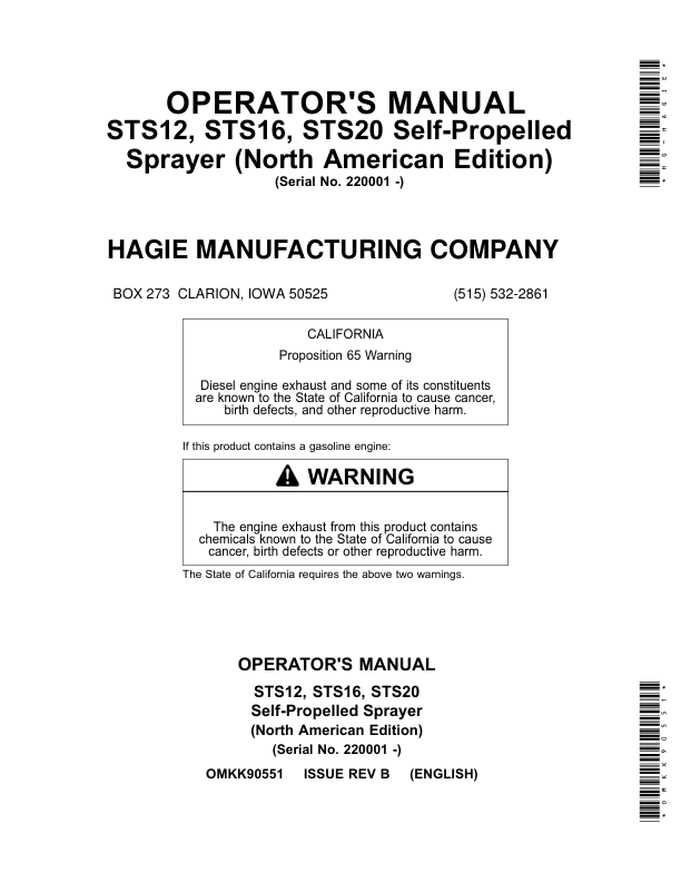 John Deere STS12, STS16, STS20 Self-Propelled Sprayer (022001-023000) (North American) Operator's Manual (OMKK90551)