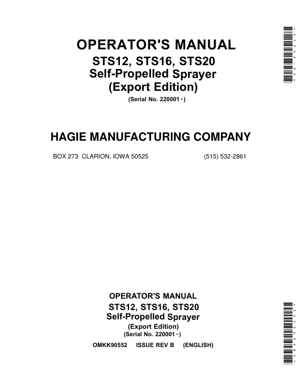 John Deere STS 12, STS 16, STS 20 Self-Propelled Sprayer (022001-023000) (Export Edition) Operator's Manual (OMKK90552)