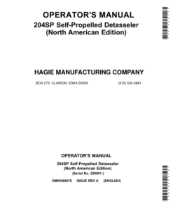 John Deere 204SP Self-Propelled Detasseler (220001-) (North American) Operator's Manual (OMKK90678)