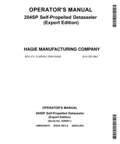 John Deere 204SP Self-Propelled Detasseler (220001-) (Export Edition) Operator's Manual (OMKK90679)