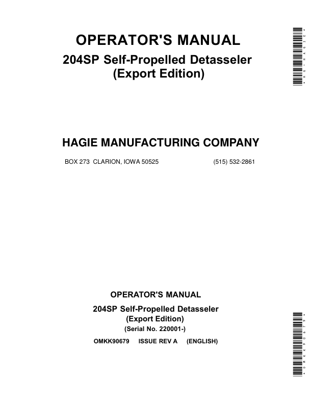 John Deere 204SP Self-Propelled Detasseler (220001-) (Export Edition) Operator's Manual (OMKK90679)