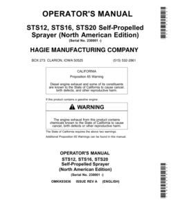 John Deere STS12, STS16, STS20 Self-Propelled Sprayer (230001-) (North American) Operator's Manual (OMKK93836)