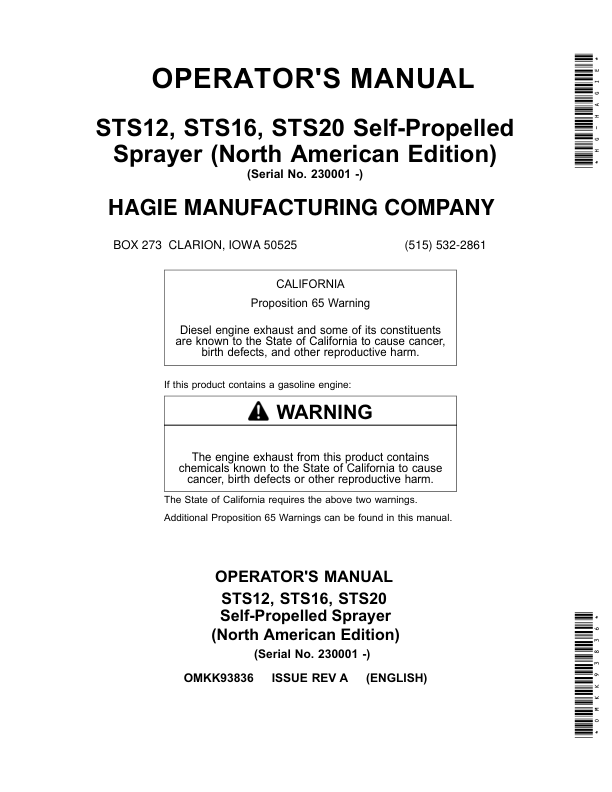 John Deere STS12, STS16, STS20 Self-Propelled Sprayer (230001-) (North American) Operator's Manual (OMKK93836)