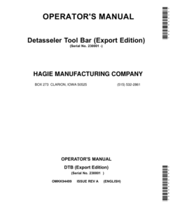 John Deere Detasseler Tool Bar (230001-) (Export Edition) Operator's Manual (OMKK94499)