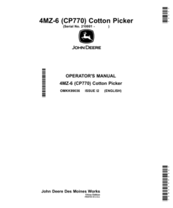 John Deere 4MZ-6 (CP770) Cotton Picker (210001-230000) (China Edition) Operator's Manual (OMKK99036)