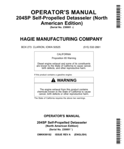 John Deere 204SP Self-Propelled Detasseler ()230001) (North American) Operator's Manual (OMKK99182)