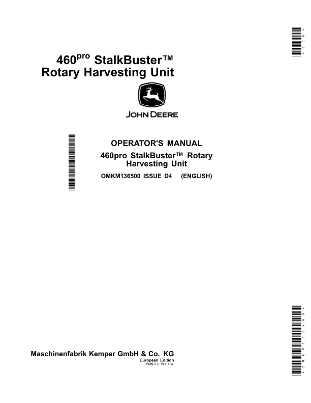 John Deere 460pro StalkBuster Rotary Harvesting Unit (European Edition) Operator's Manual (OMKM136500)