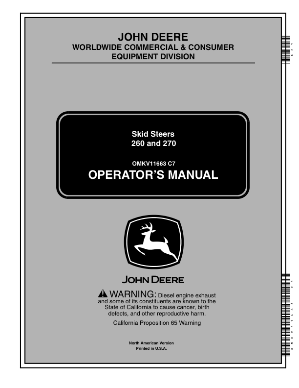 John Deere 260, 270 Skid Steers Operator's Manuals (OMKV11663)