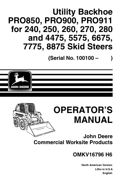 John Deere PRO850, PRO900, PRO911 Worksite Pro Attachments Operator's Manuals (OMKV16796)