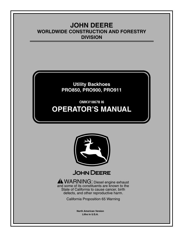 John Deere PRO850, PRO900, PRO911 Worksite Pro Attachments Operator's Manuals (OMKV18678)