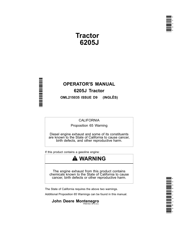 John Deere 6205J Tractors (Manufactured in Montenegro) Operator's Manual (OML215035)