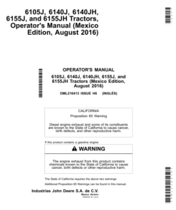 John Deere 6105J, 6140J, 6140JH, 6155J, 6155JH Tractors (August 2016) (Mexico Edition) Operator's Manual (OML216413)