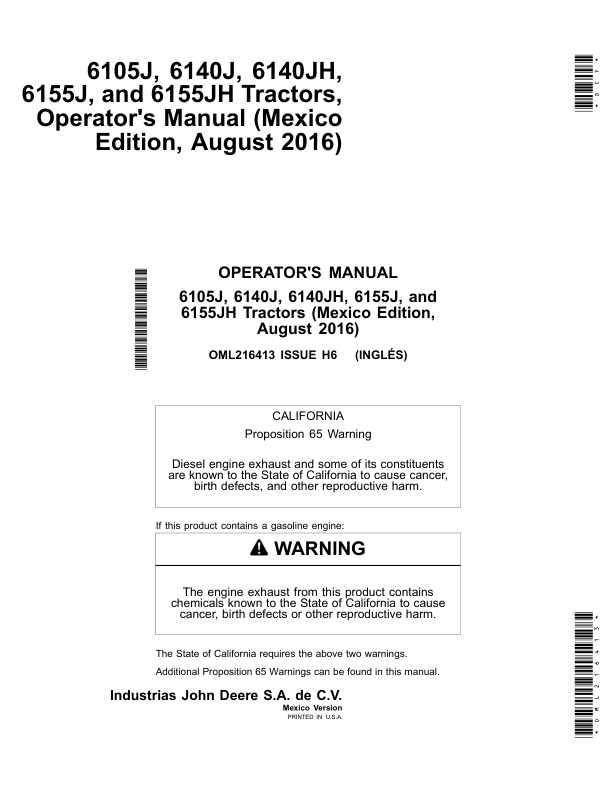 John Deere 6105J, 6140J, 6140JH, 6155J, 6155JH Tractors (August 2016) (Mexico Edition) Operator's Manual (OML216413)