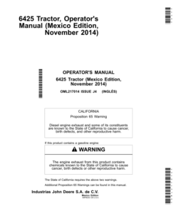 John Deere 6425 Tractor North America Operator's Manual (OML217014)