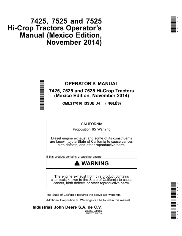 John Deere 7425, 7525 & 7525 Hi-Crop Tractors North America Operator's Manual (OML217016)
