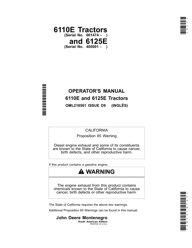 John Deere 6110E & 6125E Tractors (Manufactured in Montenegro) Operator's Manual (OML218561)