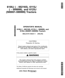 John Deere 6100J (-002165), 6115J (-599999), 6125J (500001-599999) Tractors Operator's Manual (OML221579)