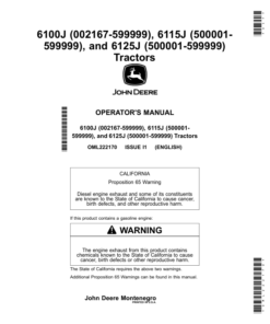 John Deere 6100J (002167-599999), 6115J (500001-599999), 6125J (500001-599999) Tractors Operator's Manual (OML222170)