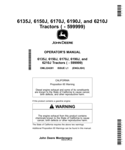 John Deere 6135J, 6150J, 6170J, 6190J, 6210J Tractors (-599999) Operator's Manual (OML224281)