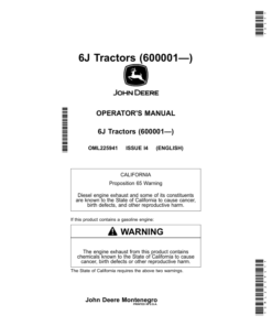 John Deere 6J Tractors (600001—) Operator's Manual (OML225941)