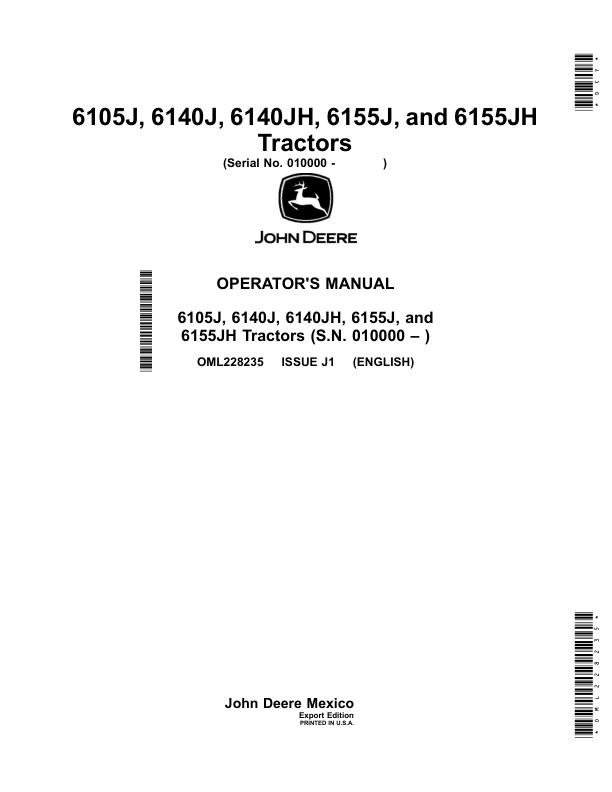 John Deere 6105J, 6140J, 6140JH, 6155J, 6155JH Tractors (Export Edition) Operator's Manual (OML228235)