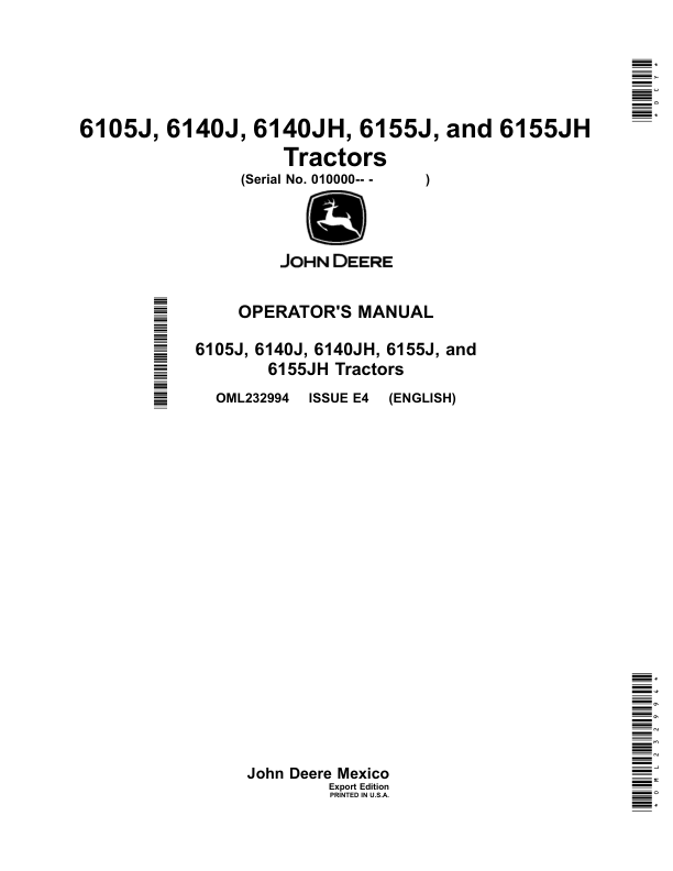 John Deere 6105J, 6140J, 6140JH, 6155J, 6155JH Tractors (020000-) (Export) Operator's Manual (OML232994)
