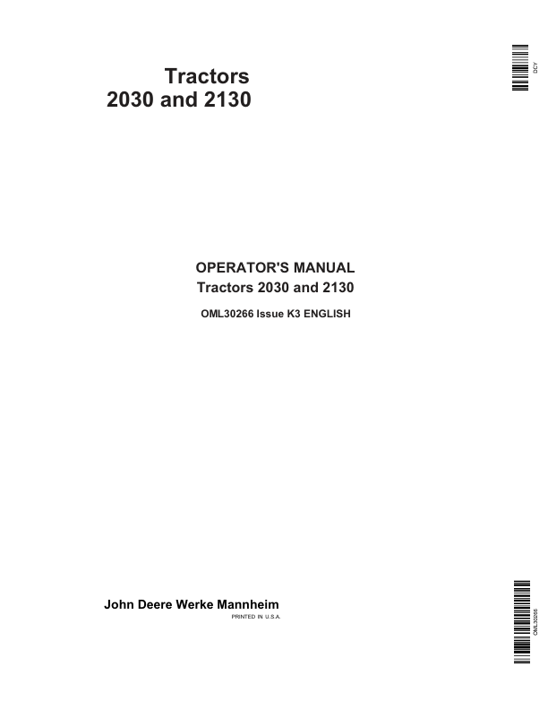 John Deere 2030, 2130 Tractors Operator's Manual (OML30266)
