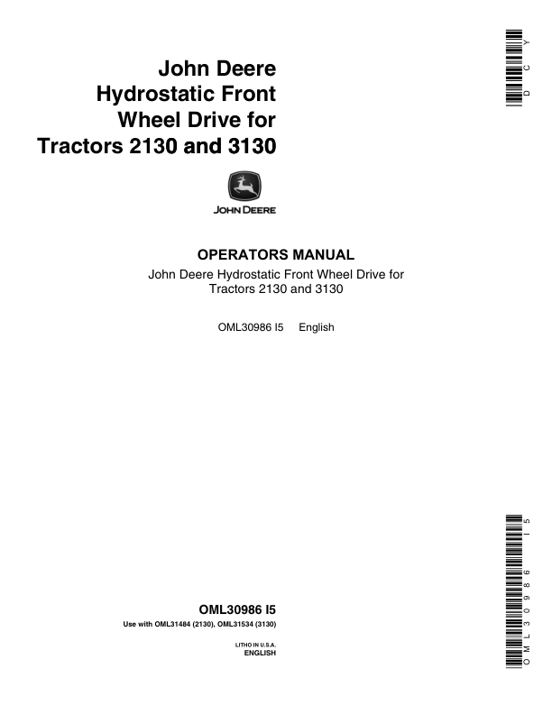 John Deere Hydrostatic Front Wheel Drive for 2130 & 3130 Tractors (Order with OML31484 or OML31534) (European Edition) Operator's Manual (OML30986)