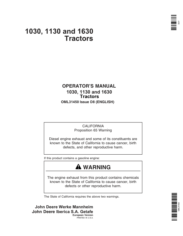 John Deere 1030, 1130, 1630 Tractors Operator's Manual (OML31450)
