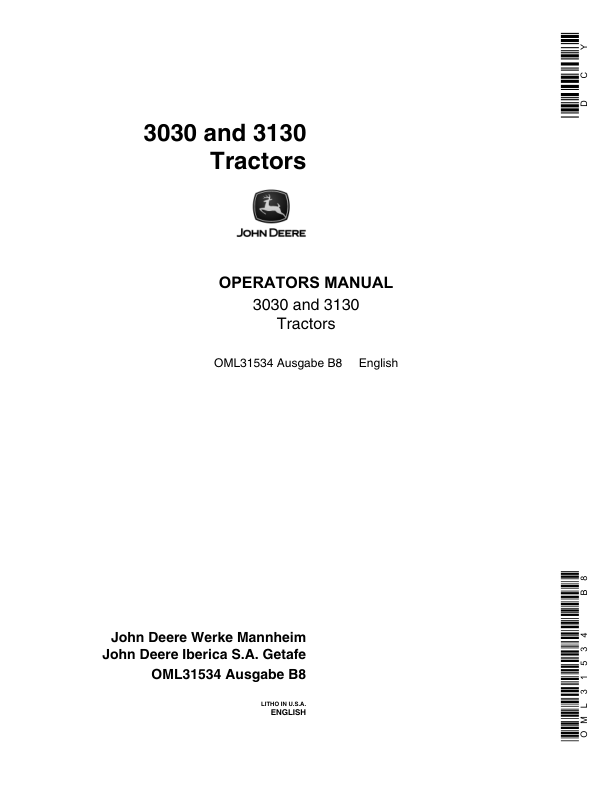 John Deere 3030 & 3130 Tractors - Order with OML30986 (European Edition) Operator's Manual (OML31534)