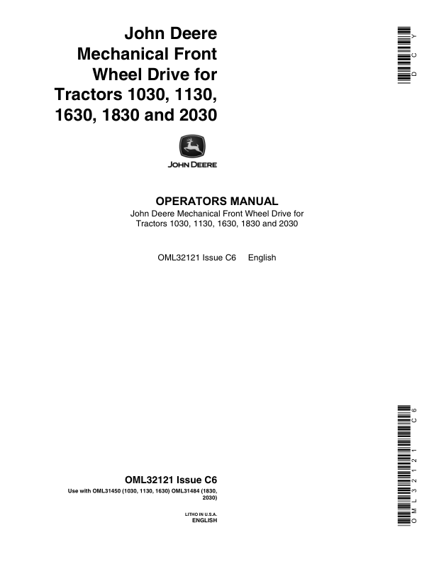 John Deere Mechanical Front Wheel Drive for 1030, 1130, 1630, 1830 2030 Tractors Operator's Manual (OML32121)